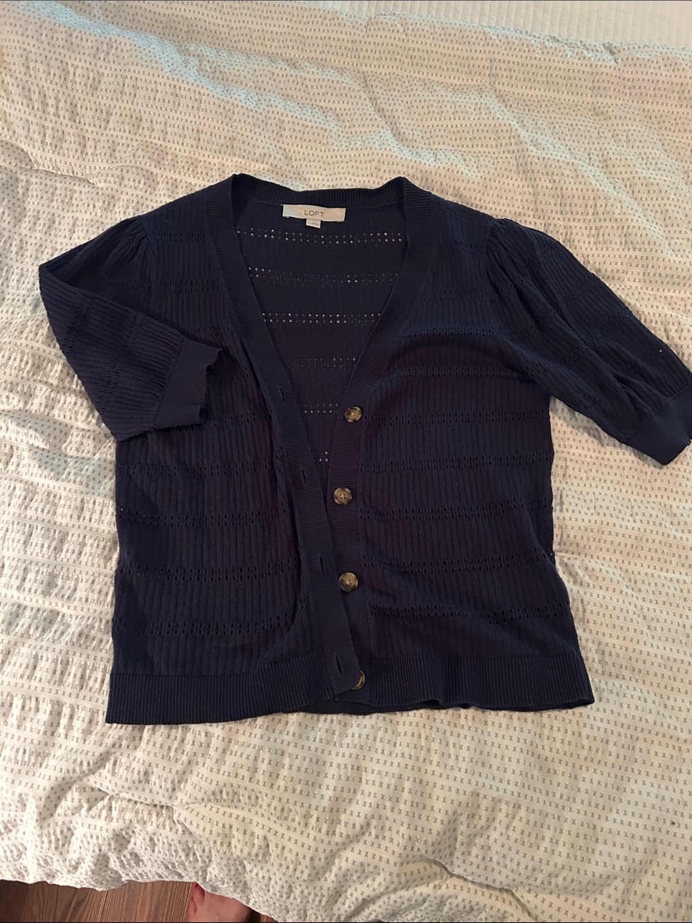 LOFT Navy Short-Sleeve Open-Knit Button Cardigan